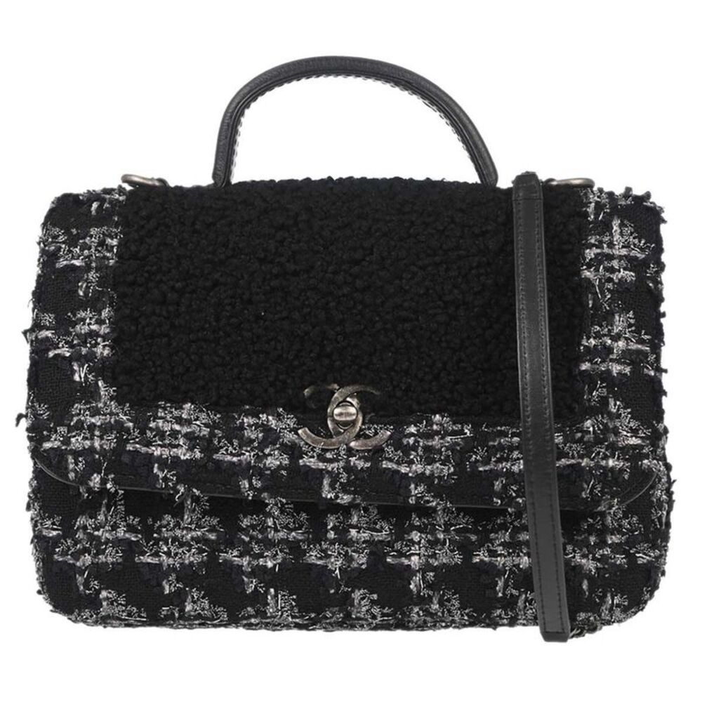Chanel Top Handle Shearling With Tweed Black Tweed Handbag